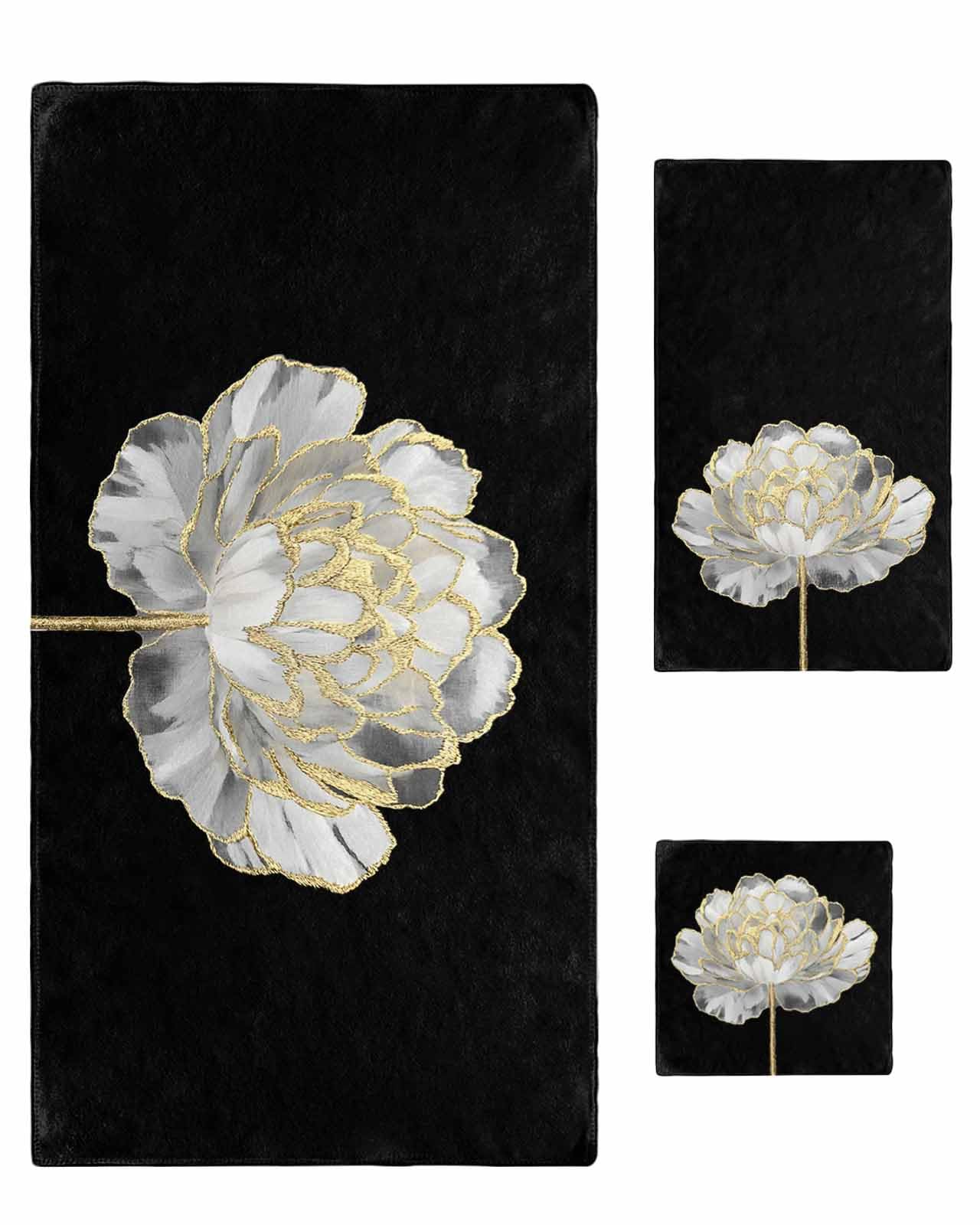 Set di asciugamani floreali bianchi astratti per bagno, cucina in microfibra, bagno, cucina, spiaggia, capelli, yoga, asciugamani, asciugamani e salviette, linea oro floreale botanico primaverile nero