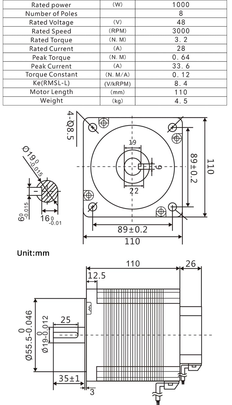 1000W Low Voltage 110 Flange DC Brushless 48V 1000W Hall 3000rpm High Speed High Power Motor (110-48V-1000W 3000RPM Motor)