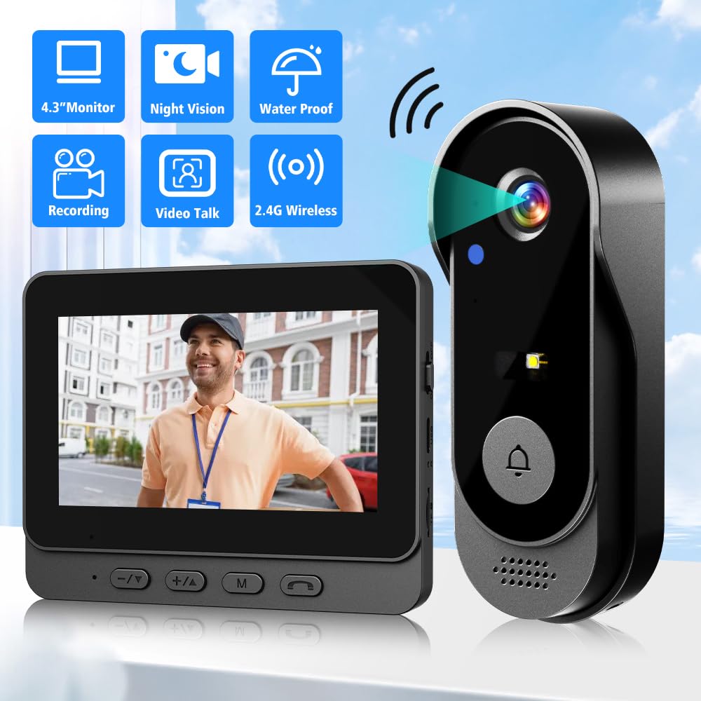 KEPEAK Caméra de sonnette vidéo sans fil avec moniteur, étanche IP66, grand écran de 4,3", vision 120°, batterie 1000 mAh, audio bidirectionnel, vision nocturne, aucune application/WLAN nécessaire
