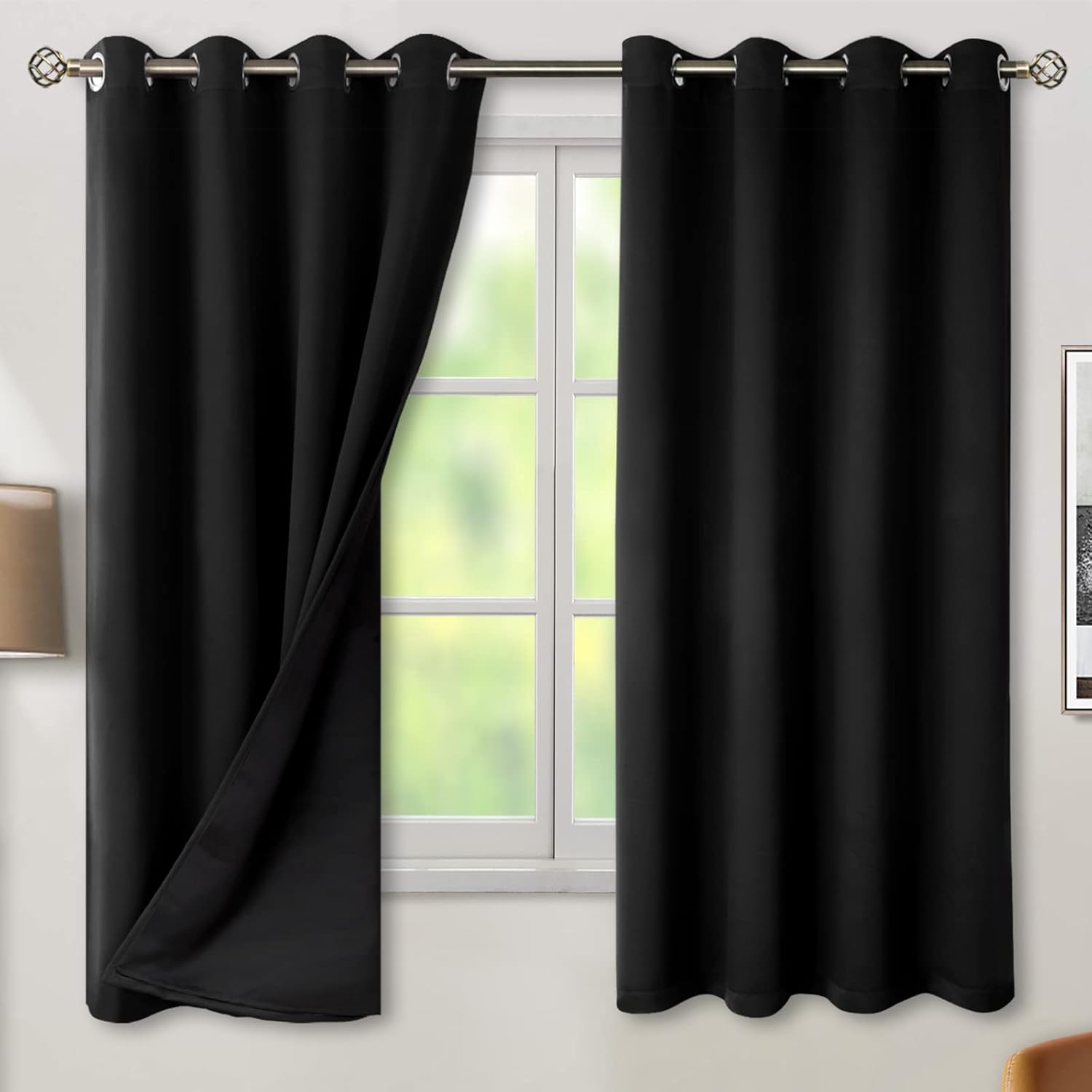 BGment Thermal Insulated 100% Blackout Curtains for Bedroom with Black Liner, Double Layer Full Room Darkening Noise Reducing Grommet Curtain (52 x 63 Inch, Black, 2 Panels)
