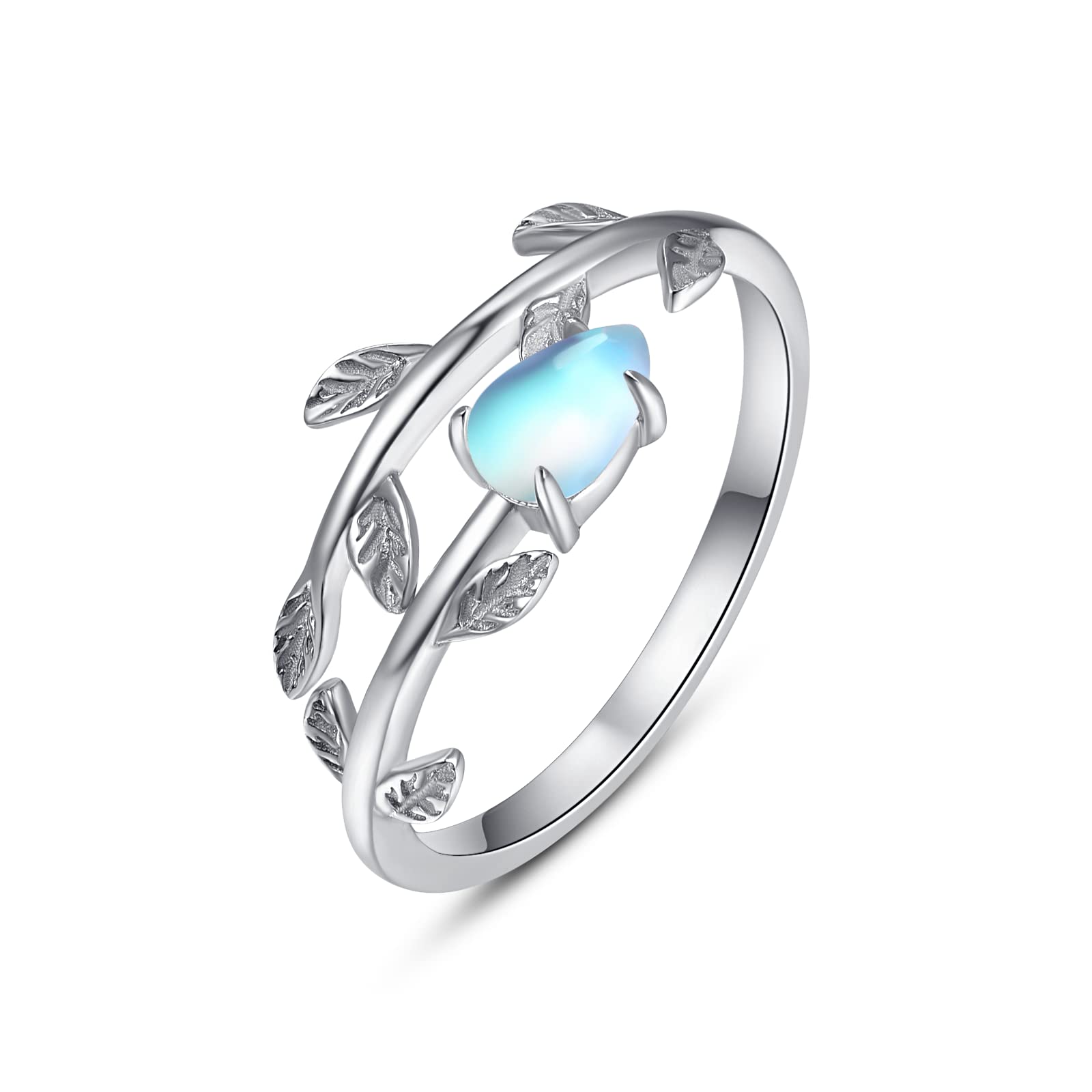 PRAYMOS925 Sterling Silver Leaf Ring White Opal Moonstone Rings Adjustable Open Ring for Women with Jewelry Box Size 7-9