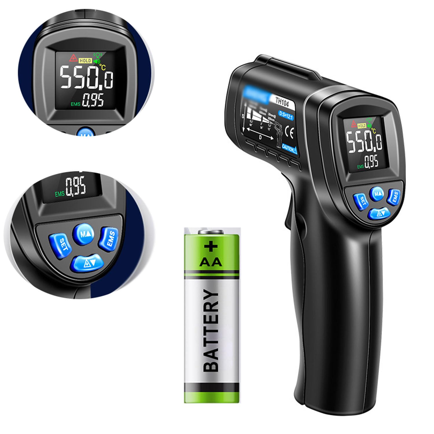 Sensor de termómetro, medidor de temperatura de calor portátil, la emisividad es ajustable y la emisividad se puede cambiar, aviso de batería baja y apagado automático en 20 segundos, para cocinar
