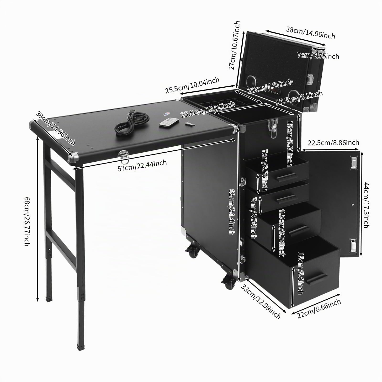 Valigetta Porta Trucchi 2 In 1 Valigetta Trucchi Trolley Trucco Professionale con Tavolo Unghie Pieghevole Trolley Per Cosmetici con 4 Cassetto, Specchio, Altoparlante Bluetooth (Nero)