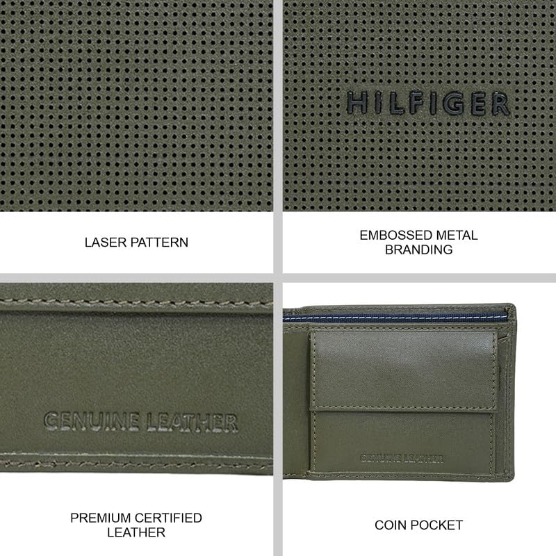 Image of Tommy Hilfiger Men's Benin Global Coin Wallet - Olive | Laser-Etched Leather | Compact Design| Purse for Men | Ideal for Gifting