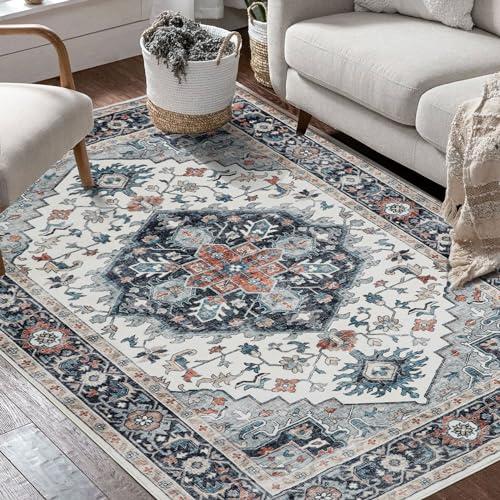 Image of Vintage Washable Rug，6x9 Boho Area Rugs for Living Room, Bedroom, Kitchen, Soft Non-Slip Foldable Indoor Carpet, Black Gray /Beige