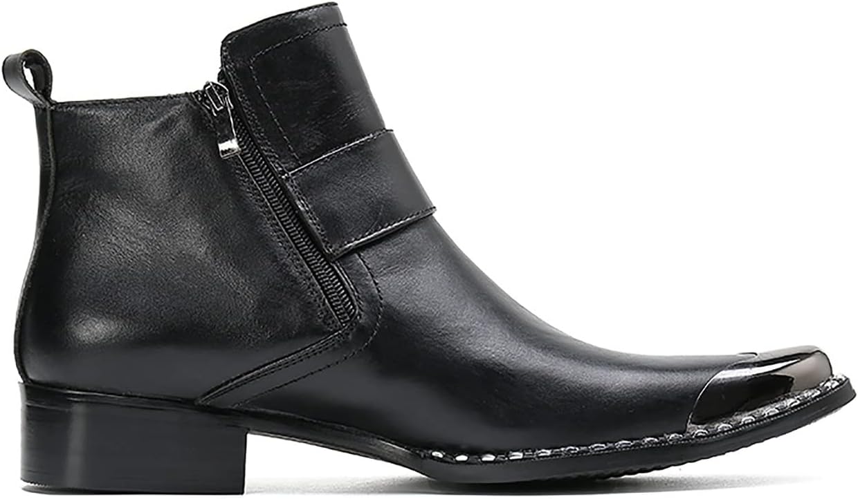 Santimon Mens Chelsea Boots Dress Party Genuine Leather Metal Square Toe Ankle Western Boots Zipper Buckle Casual Disco Ballroom Cowboy Boots For Men