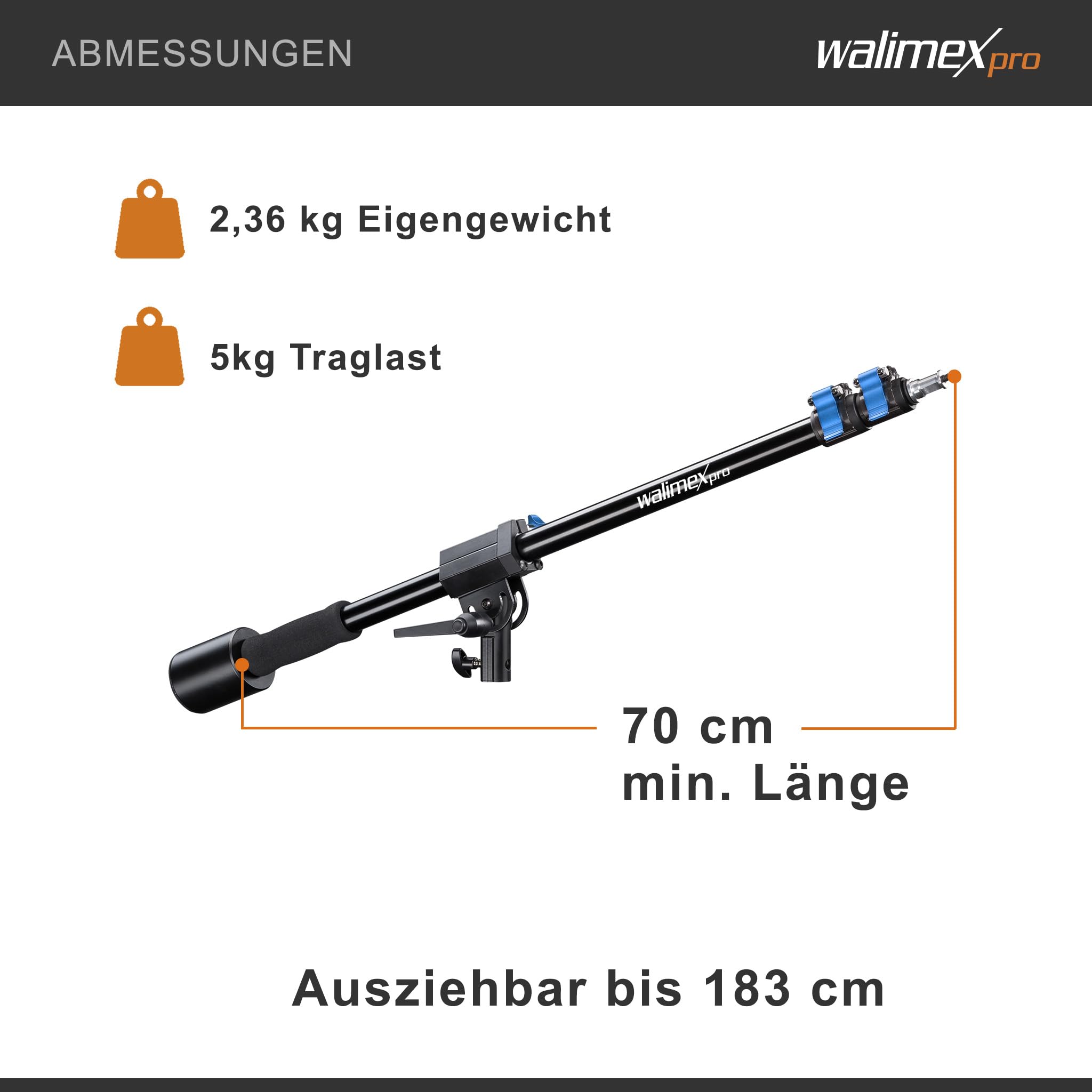 Walimex pro Galgen für Lampenstativ ausziehbar 70 bis 183 cm, Boom Arm neiggbar und bis 5 kg belastbar, 5/8 Zoll Spigot, Auslegearm ideal für Softboxen, Reflektoren, Schirme oder Mikrofone