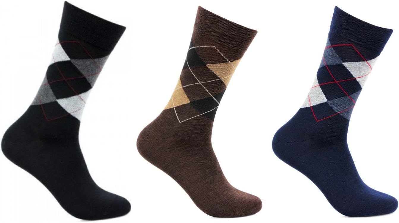 Men's Woollen Argyle Patterned Cushioned Socks - Formal Socks -Pack of 3 Pairs (Black, Brown and Navy Blue) - Best Quality - Fast Shipping