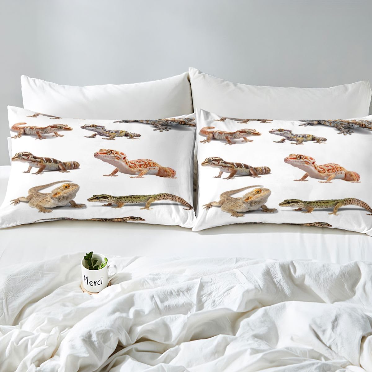 Feelyou Reptile Bed Sheets Leopard Gecko Sheet Set for Kids Boys Girls Primitive Wildlife Animals Lizard Bed Set Beige White Green Decor Sheets Room 4Pcs Queen Size
