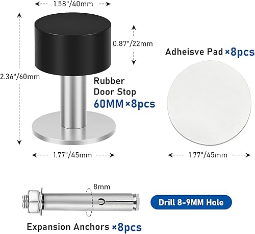 Miniatura 4 de KOLAKO Topes de puerta para la parte inferior de la puerta, tope de puerta autoadhesivo, color negro, resistente, cilíndrico, para piso, protector