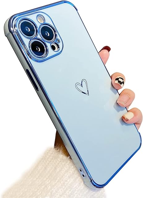 ZTOFERA Compatible with iPhone 13 Pro Case for Girls Women, Flexible Silicone Phone Case with Cute Heart Pattern Electroplated Design Shockproof Protective Bumper Cover for iPhone 13 Pro, Sierra Blue