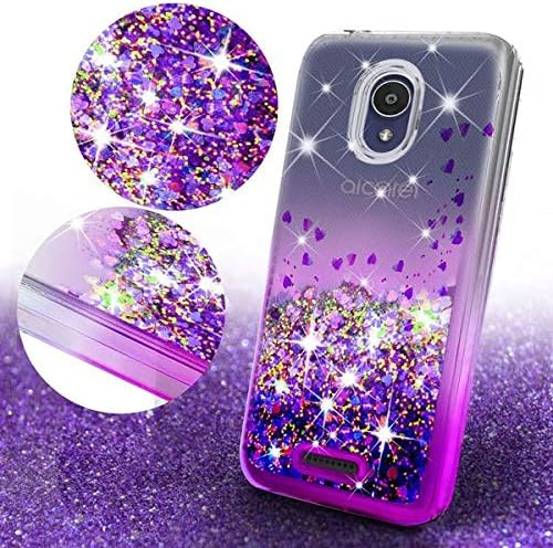 Galaxy Wireless Case for Alcatel Insight (Cricket) / TCL A1 A501DL with Tempered Glass Screen Protector, Liquid Glitter Floating Waterfall Shock Proof Girls Women Cute Phone Case - Purple/Clear