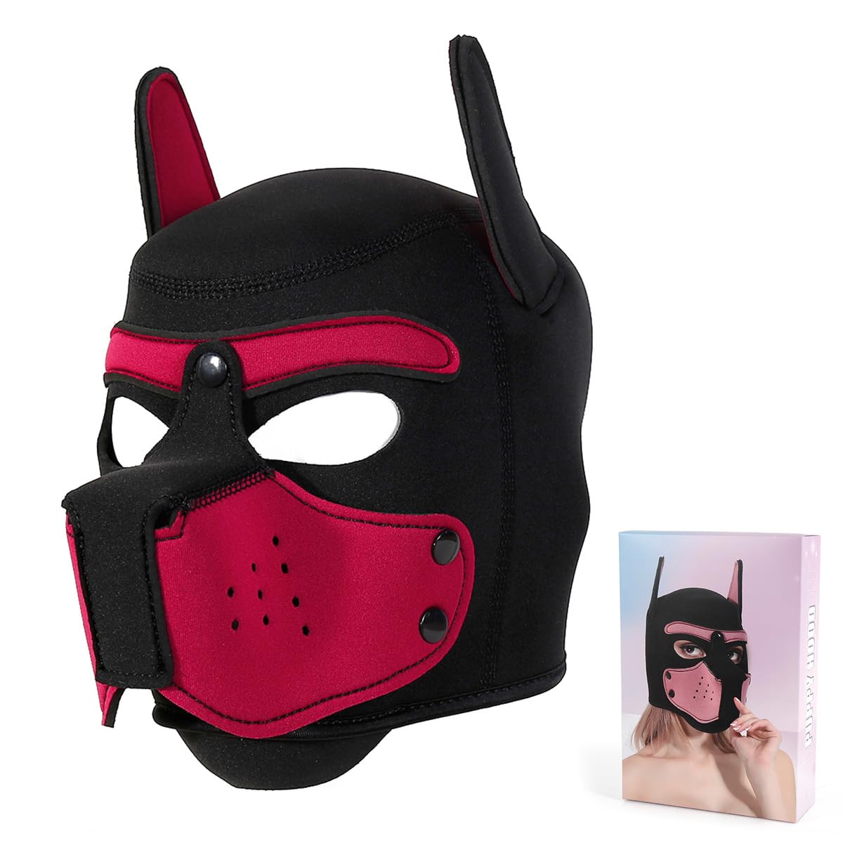 Adults Neoprene Puppy Hood Mask, Removable Cosplay Dog Full Face Pup Hood Pup Mask for Halloween (Red)