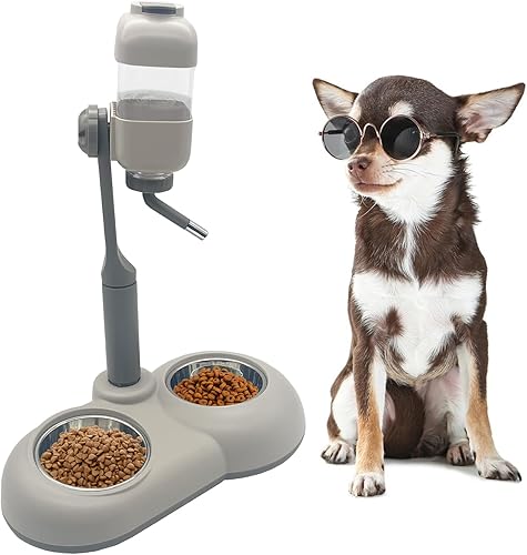 Fhiny Botella alimentadora de agua para perros con soporte, dispensador automático ajustable de alimentos para perrera a prueba de fugas, sin goteo,