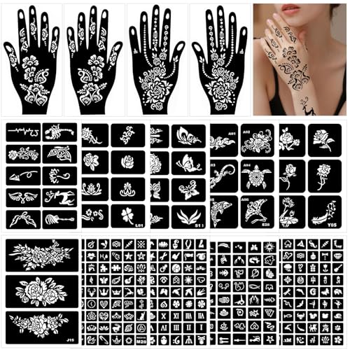 Henna Schablonen, 247 Stück Temporäre Henna Tattoo Schablonen, 14 Blätter Henna Tattoo Set für Frauen Mädchen Teens Face Paint Body Art
