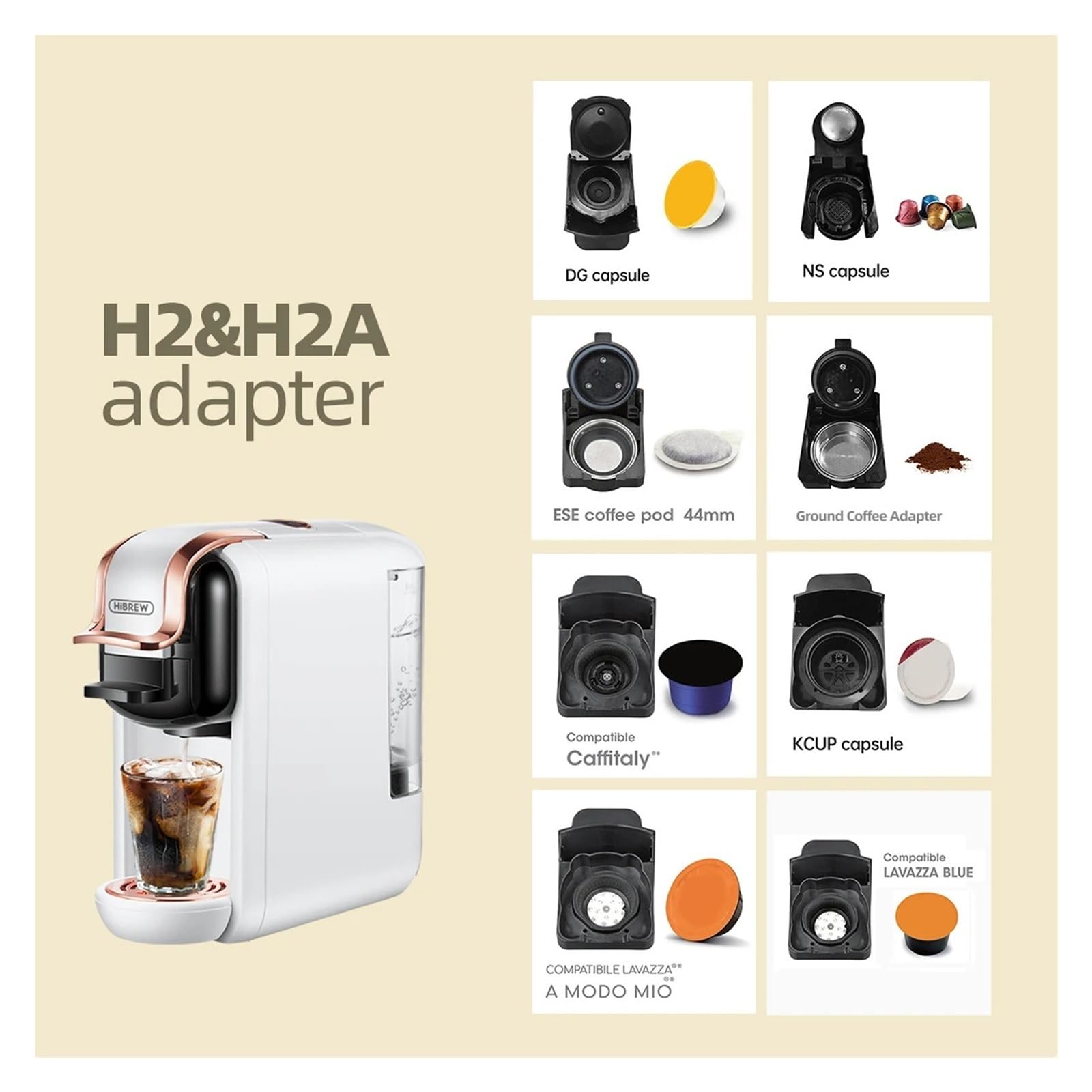 Compatible con HiBREW, Compatible con adaptador Nespresso H2A | Adaptador multisistema for H2B. Funciona con Dolce Gusto, café molido, ESE, Caffitaly.(H2 Nespresso)