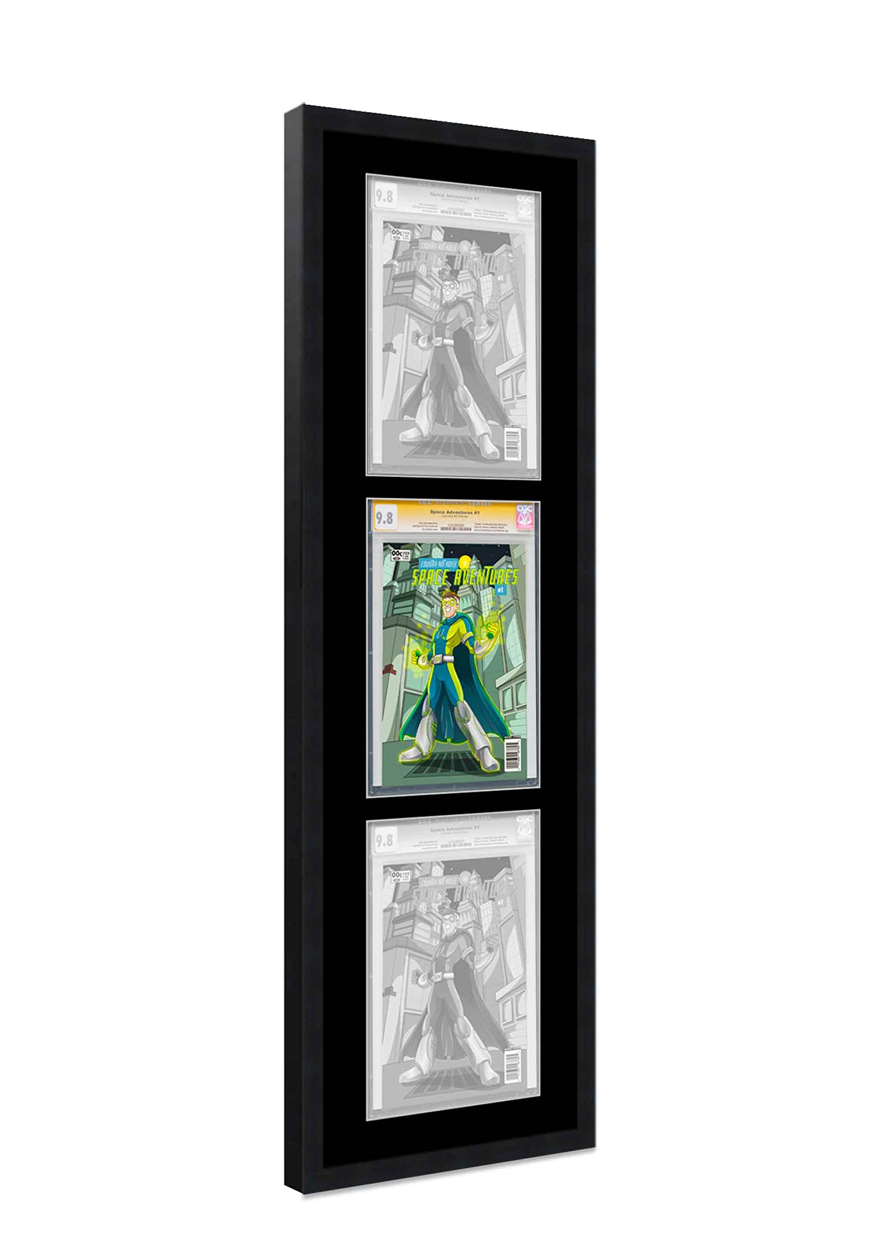 Comic Book Frame Black Wood with Black Mat - 3 Openings to Display (3) Graded Comic Books CGC, CBCS or PGX Vertically - with UV Resistant Acrylic, Backing & Hardware