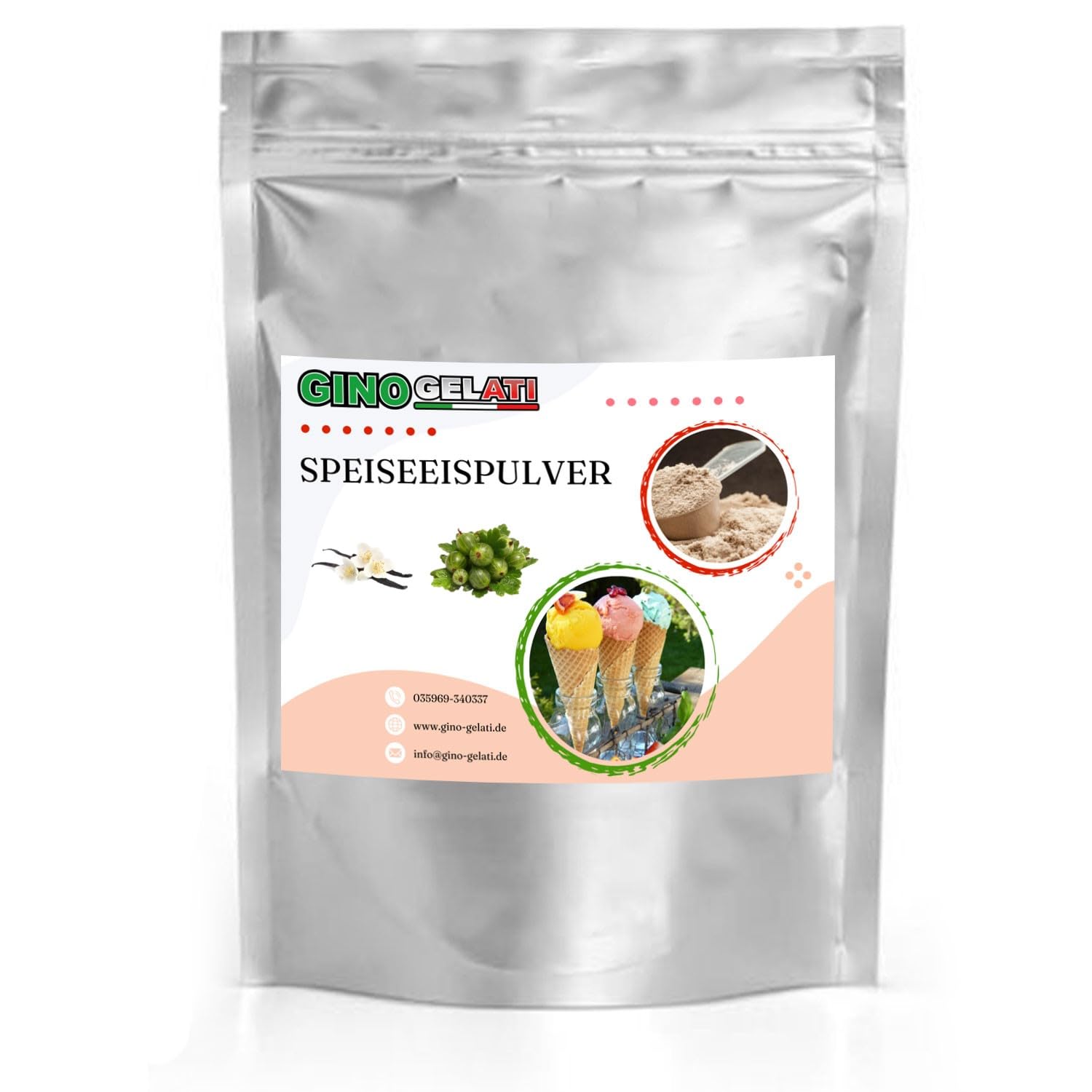 Gino Gelati Vanille Stachelbeere Eis Speiseeis Pulver 10 Kg, Vanilleeis selber machen, verschiedene Sorten, schnelle und einfache Zubereitung, für Haushaltseismaschinen