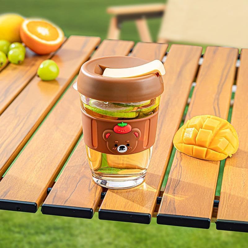 Image of Kamvy Cute Glass Mug with Lid & Silicone Cartoon Sleeve | Pack of 1, 350ml Leakproof Sipper Cup | Heat Resistant Glass Cup for Coffee | Reusable Travel Mug for Kids & Adults (BROWEN)