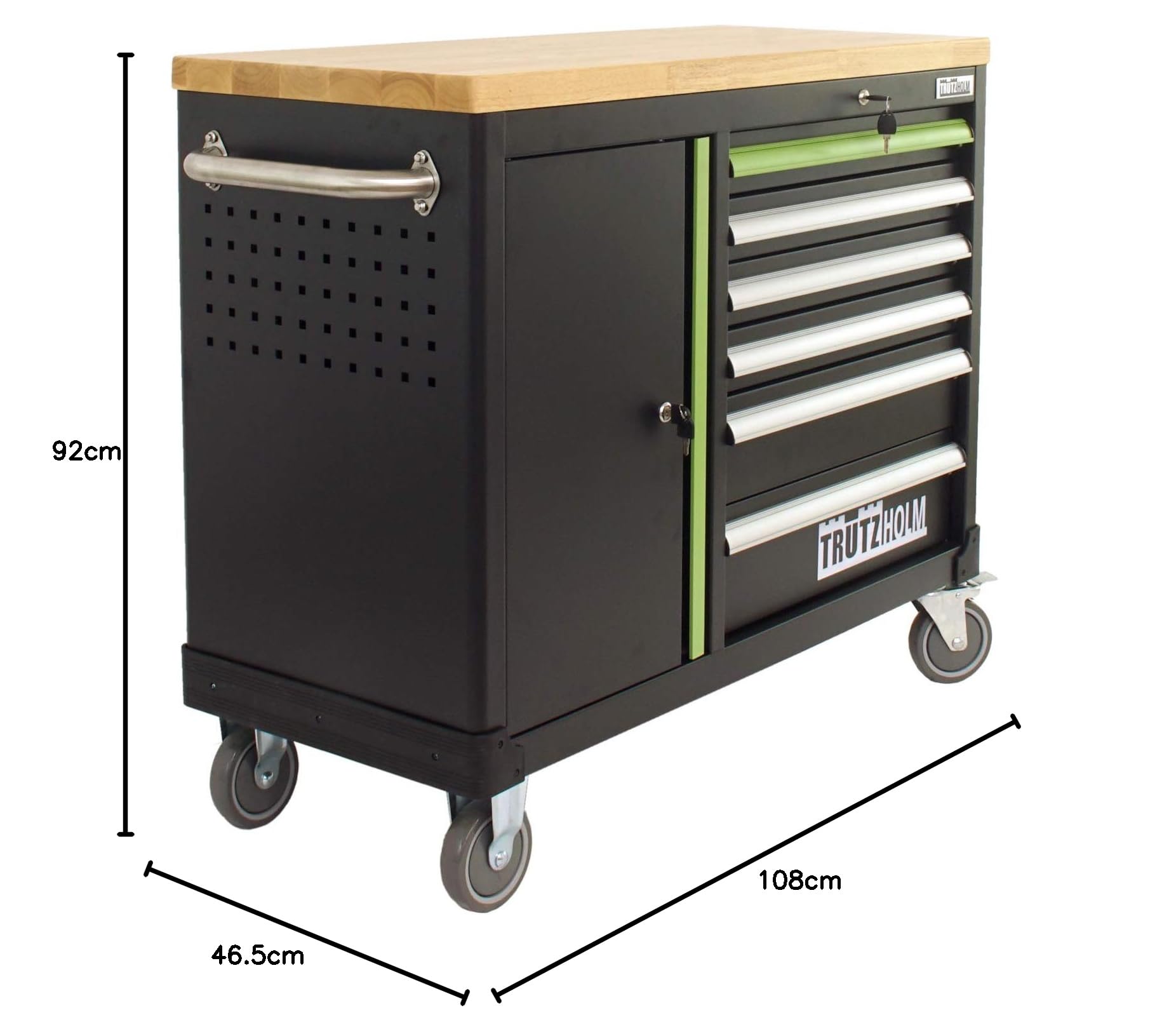 TRUTZHOLM Werkzeugwagen leer Deluxe, Werkstattwagen mit 6 Schubladen & Türfach, abschließbarer Werkzeugschrank rollbar mit Massivholz-Arbeitsplatte, fahrbare Werkbank 108 x 46,5 x 77 cm, grün/schwarz