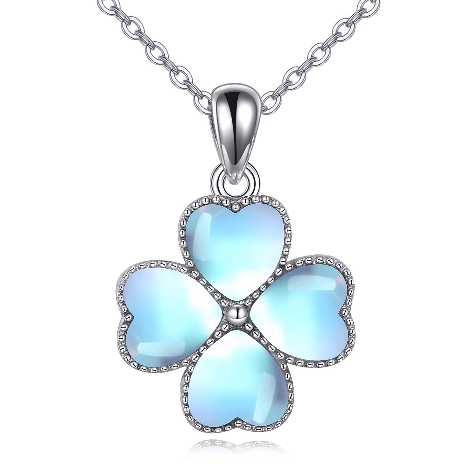 JERWLI Kleeblatt Kette Silber 925 Mondstein Glücksbringer Vierblättriges Kleeblatt Anhänger Halskette Glücksklee Schmuck Geburtstag Geschenke für Damen Mädchen Mutter St. Patrick's Day