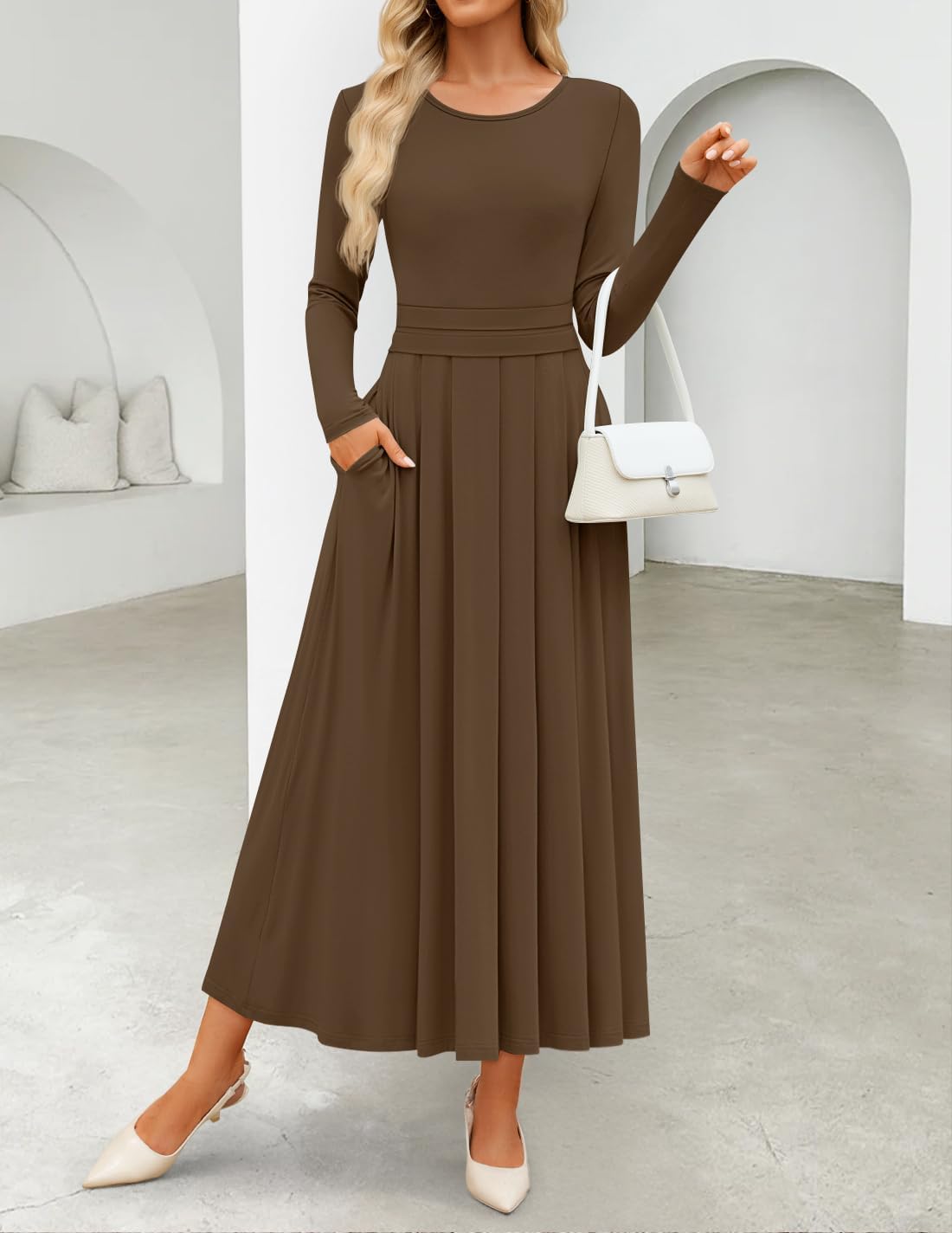 ZESICA Women's Elegant Long Sleeve Maxi Dress 2026 Spring Crewneck Knit High Waist Pleated Flowy A Line Casual Party Dresses - Image 3