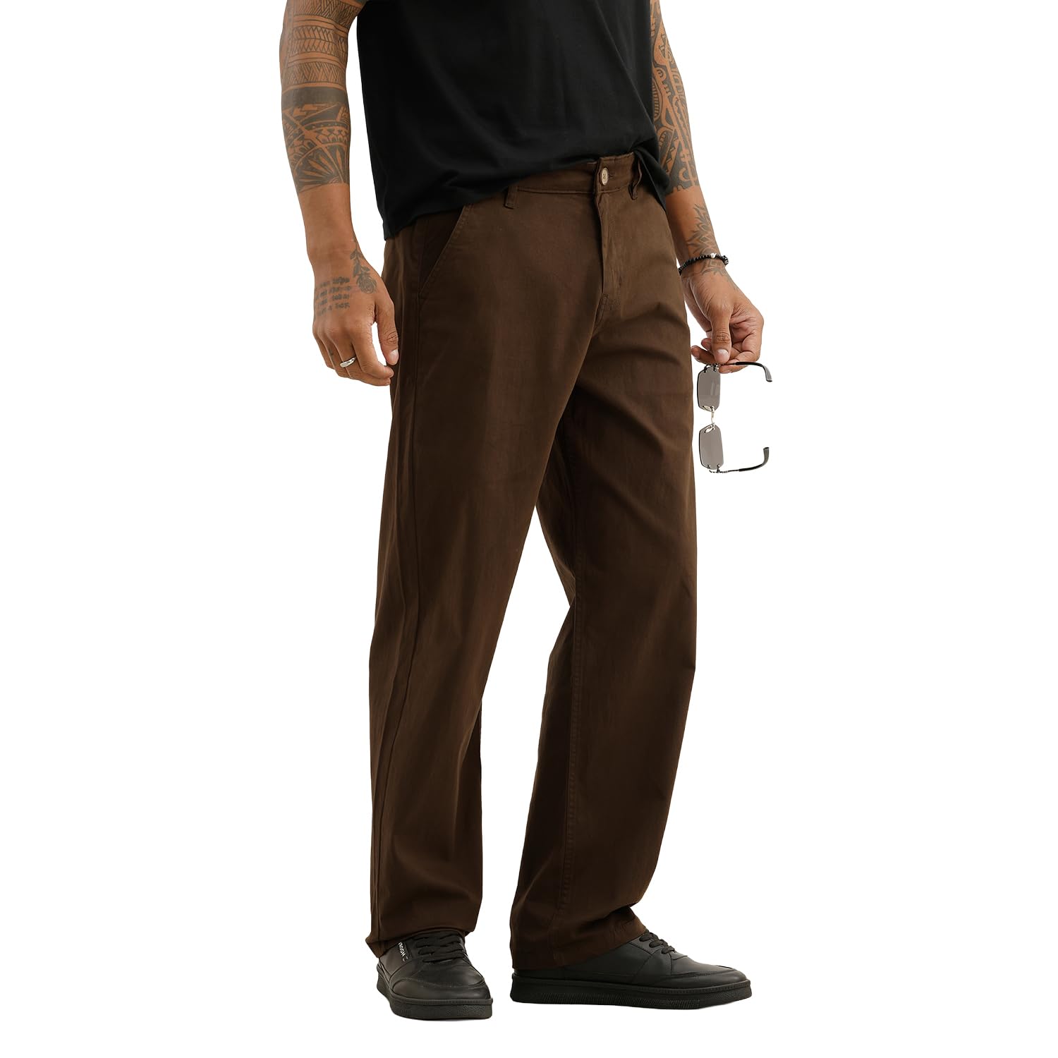 wrogn Men's Classic Solid Loose Fit Trousers | Beige-picture-32