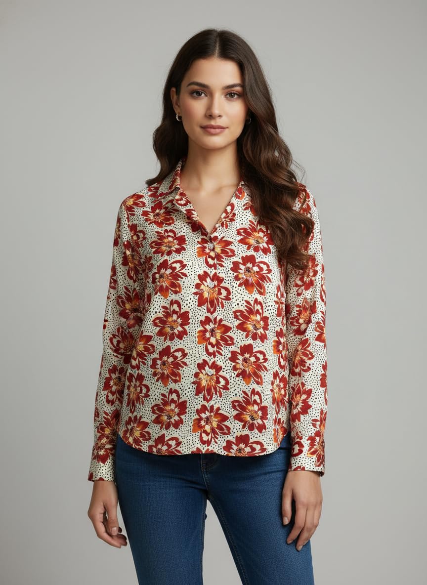 ANNI Designer Bedrucktes Damenhemd aus Baumwollmischgewebe, langärmelig, normale Passform, Hemdkragen, legere Bürokleidung, elegante Western-Kleidung für den Alltag, Hochzeit, Party