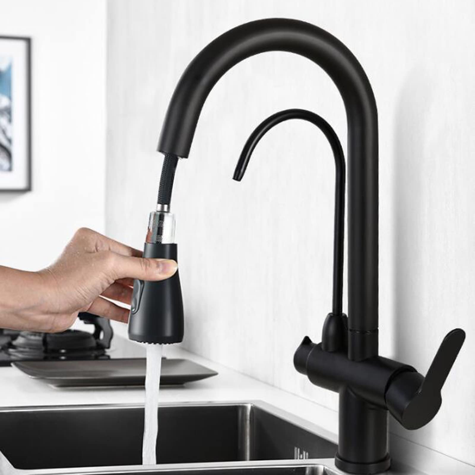 Rubinetti da cucina a 3 vie con doccetta estraibile, rubinetto da cucina Rubinetto depuratore d'acqua in acciaio inossidabile Girevole multifunzione 3 in 1 Rubinetto for lavello da cucina Nero