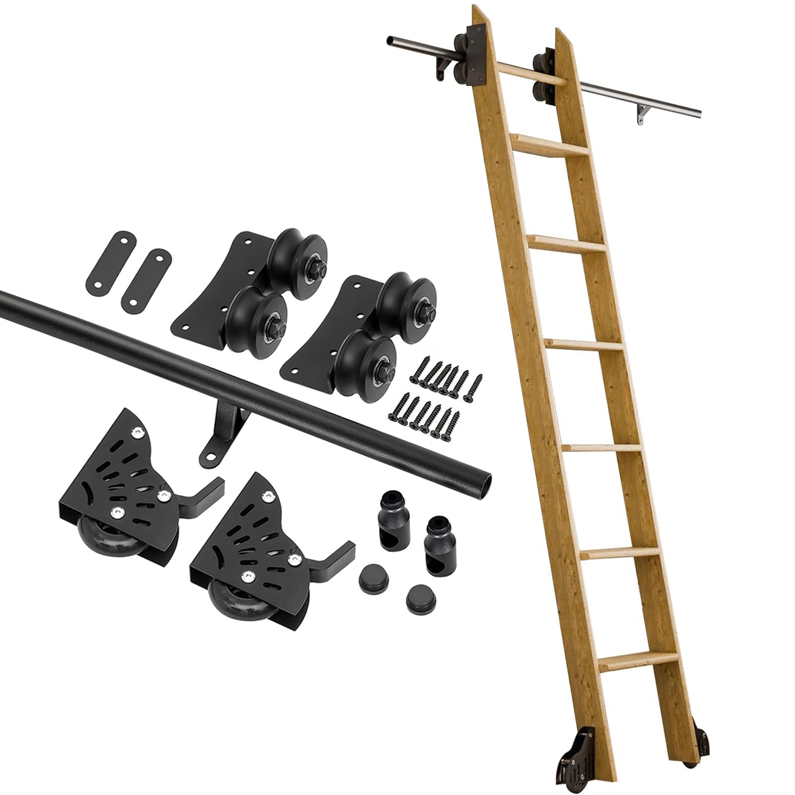 DONGGANSHI Mobile Library Ladder Hardware Kit Roller System – Black Sliding Ladder Track Full Set Accessories(No Ladders),for Home Loft Warehouse Climbing Ladders(6.6ft/200cm Track Kit)
