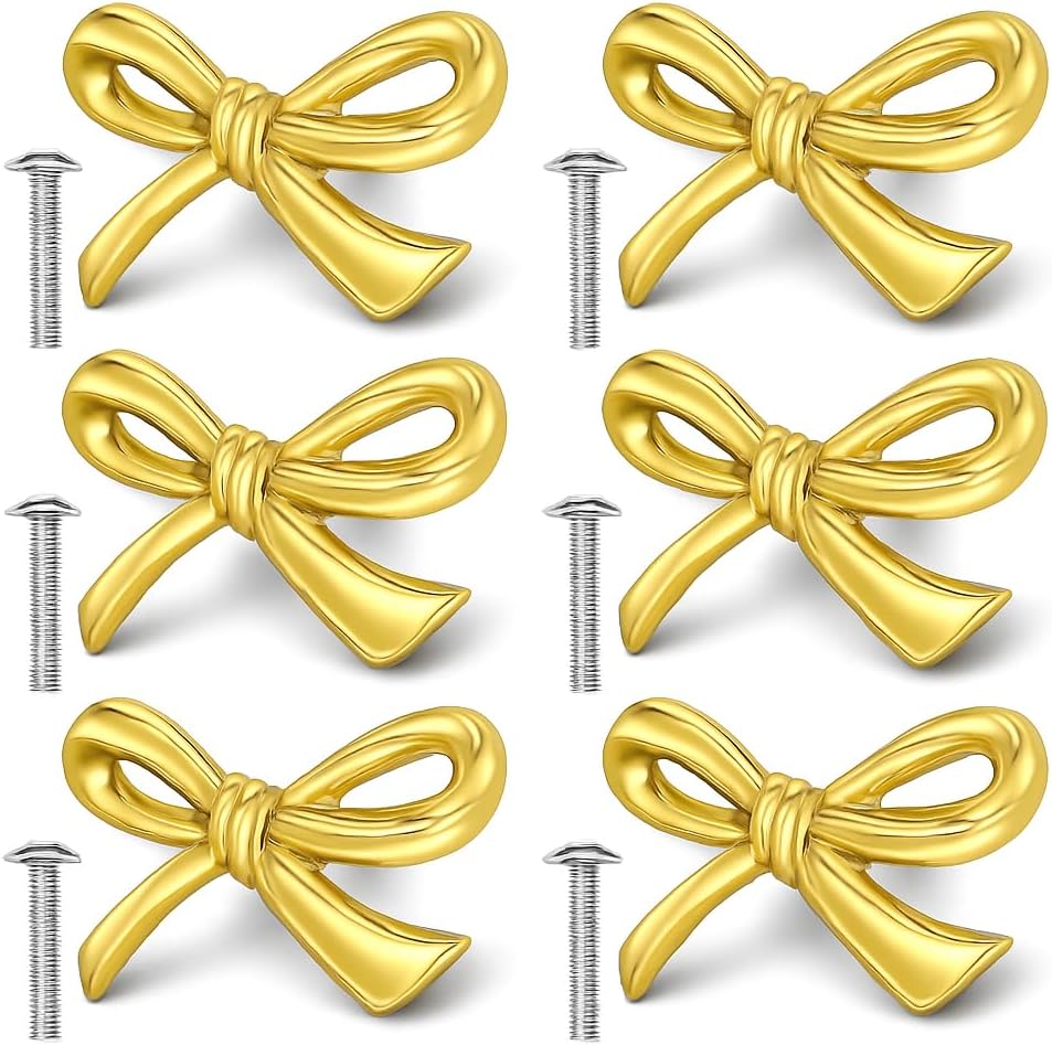 Brass Bow Shape Cabinet Knobs, Gold Drawer Pulls, Decorative Bow Knobs, 6 Pack