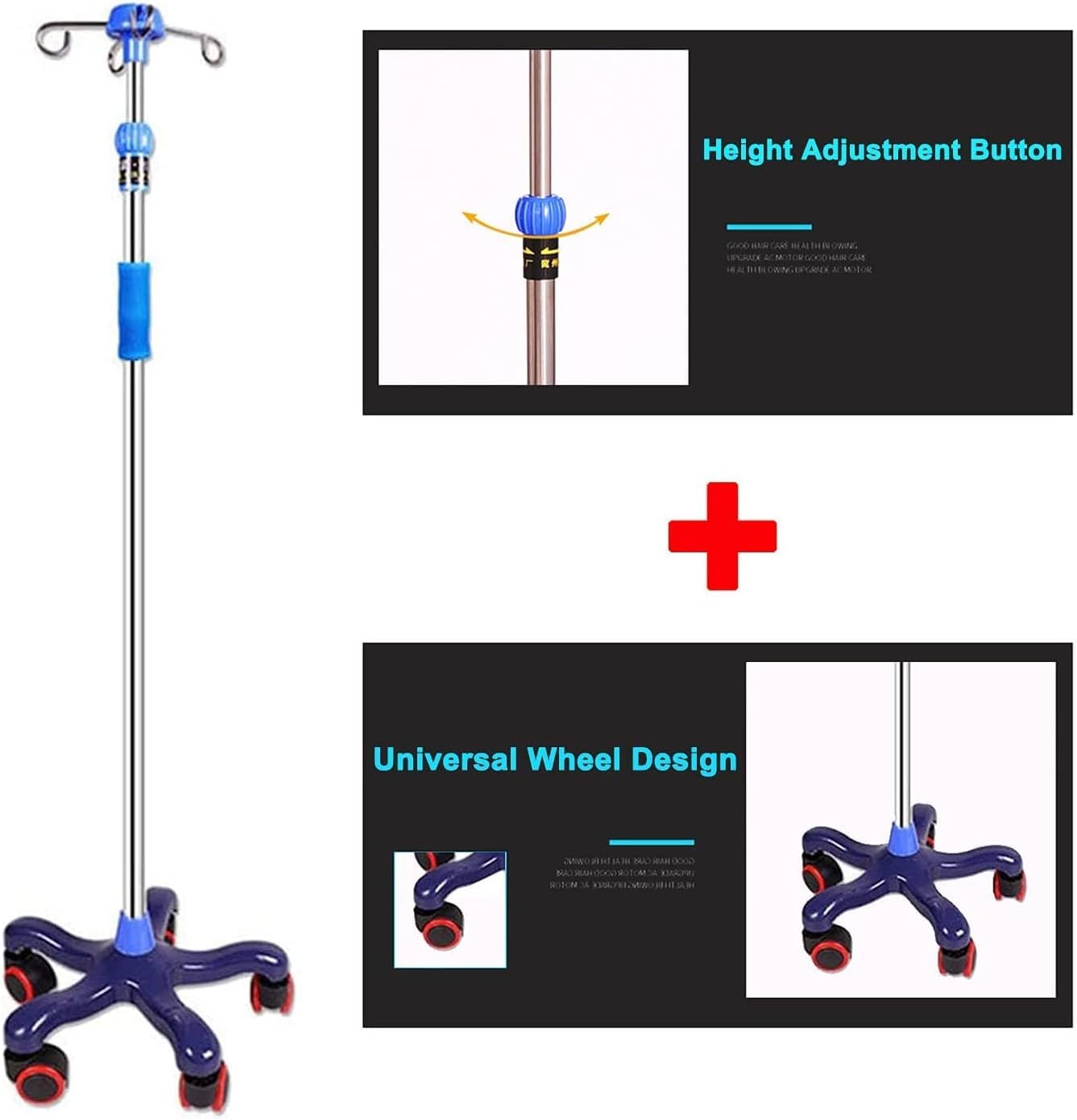 Soporte IV de altura ajustable con base de hierro fundido pesado y ruedas, soporte IV portátil de 5 patas para hospitales y cuidado del hogar y establo