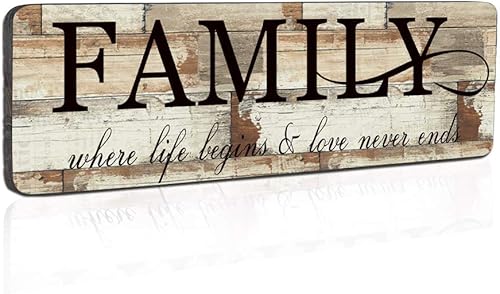 Wood Wall Decor Sign Family Wall Art Sign Home Inspirational Motto Printed Plaque Sign-Family, Where Life Begins and Love Never Ends 16"x5"-Wood