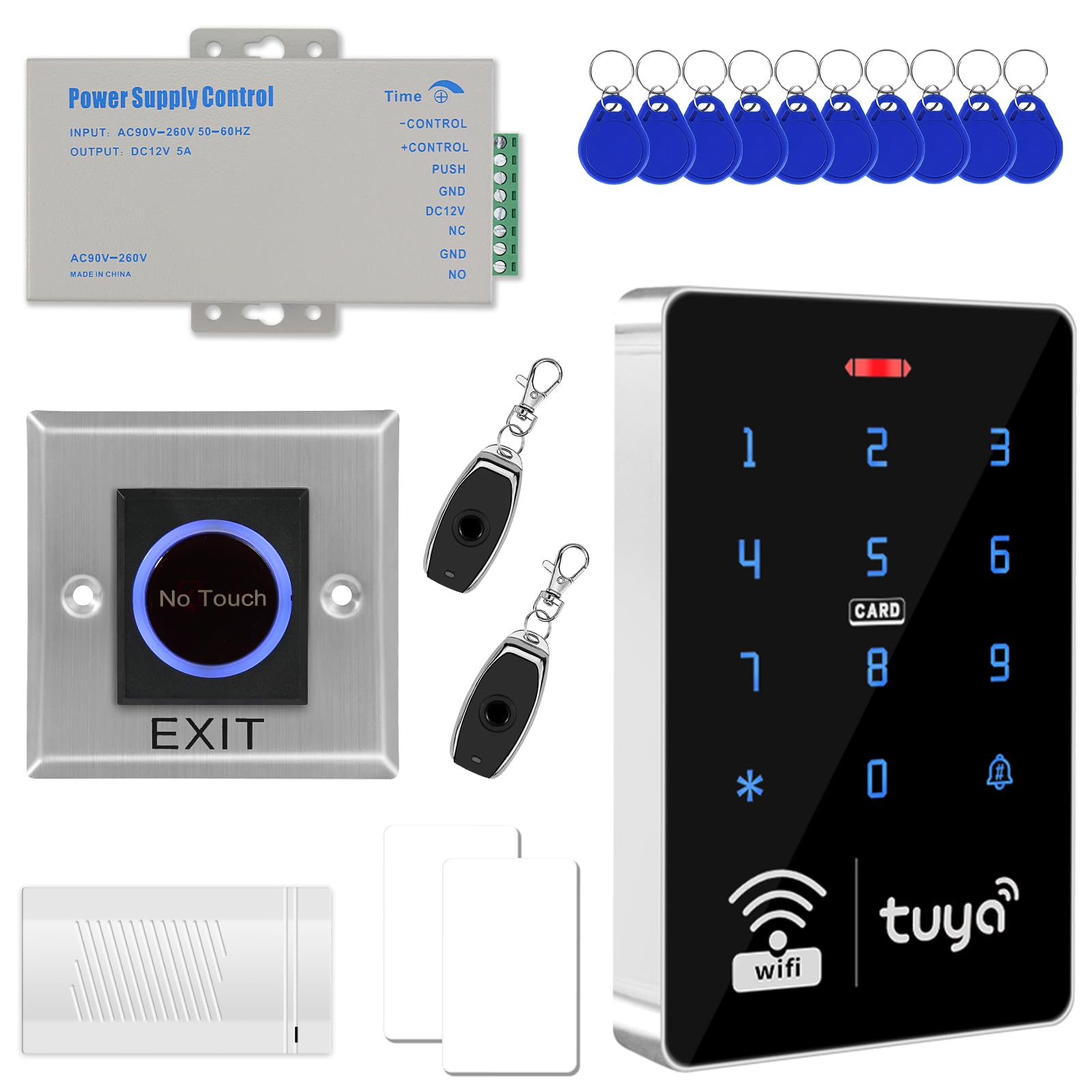 Tuya WiFi Smart Access Control System Kit –IP68 Waterproof RFID Keypad, 12V 5A Power Supply, Exit Button, Door Sensor, 10x 13.56MHz Key Fobs + Add/Delete Cards, APP Remote Control, 1000 Users(No lock)