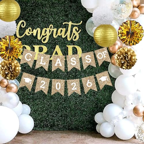 Image of Gold Graduation Party Decoration Class Banner Hanging Pom Poms Flowers High School College Grad Supplies