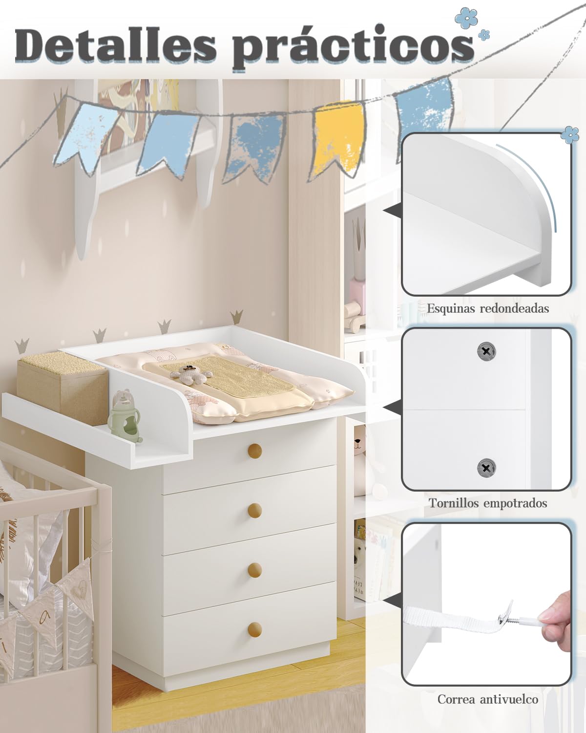 WOLTU Cambiador para Lavadora o Secadora, Tablero Cambiador de Madera con Bordes de Seguridad y Estante de Almacenamiento, Accesorio para Bebé 80x70x16,5 cm