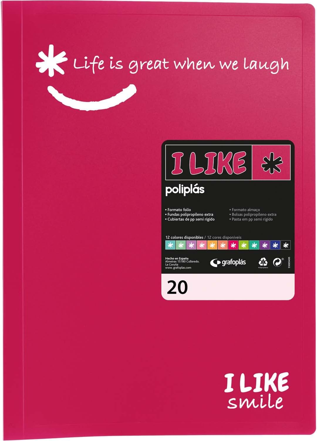 Grafoplás 1450854 Folio Size Document Folder Fuchsia 20 Transparent Pockets Polypropylene Like Polypropylene