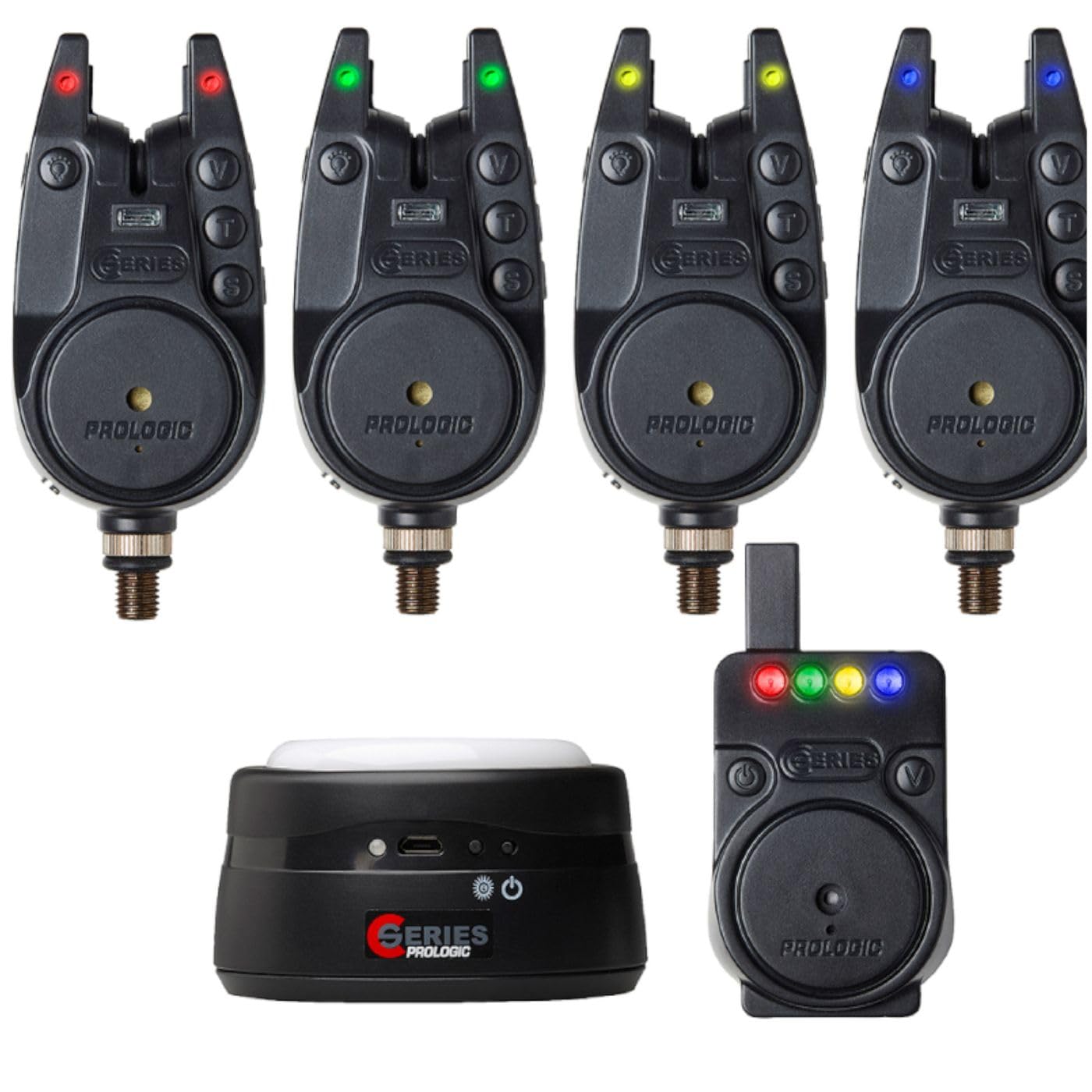 Prologic C-Series Pro Alarm Set 4+1+1 Red/Grn/Y/B - Bissanzeiger Set, Bissmelder zum Karpfenangeln, Angelzubehör