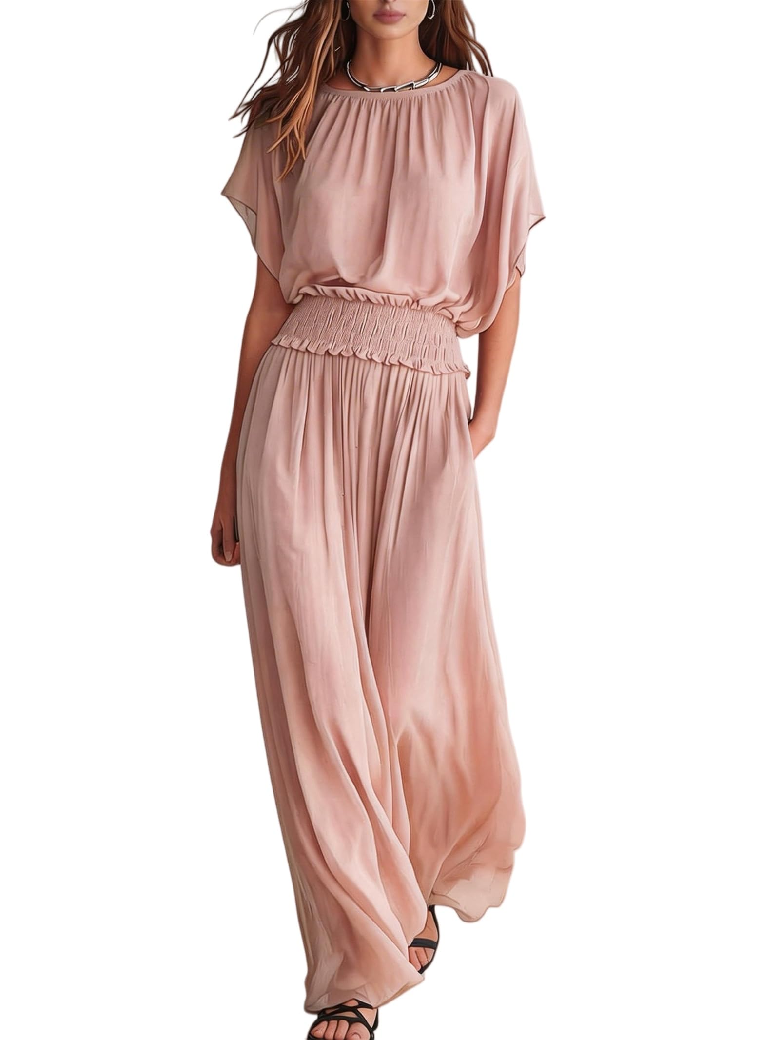 Abito Lungo Donna Vita Arricciata Fluido Elegante Maniche Pipistrello (Pink,S)