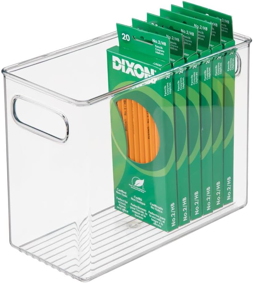 mDesign Tall Plastic Storage Organizer Container Bin, Office Organization for Filing Cabinet, Cupboard, Shelves, and Desk - Holds Notepads, Pens, Pencils, Highlighters, Ligne Collection, Clear