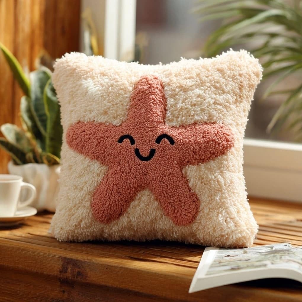 WallustrioaW Latch Hook Kit Cushion Starfish 43Cmx43Cm Latch Hook Kit DIY Pillow Materials Package Hooks Knitted Embroidered Carpet Pillow Embroidery