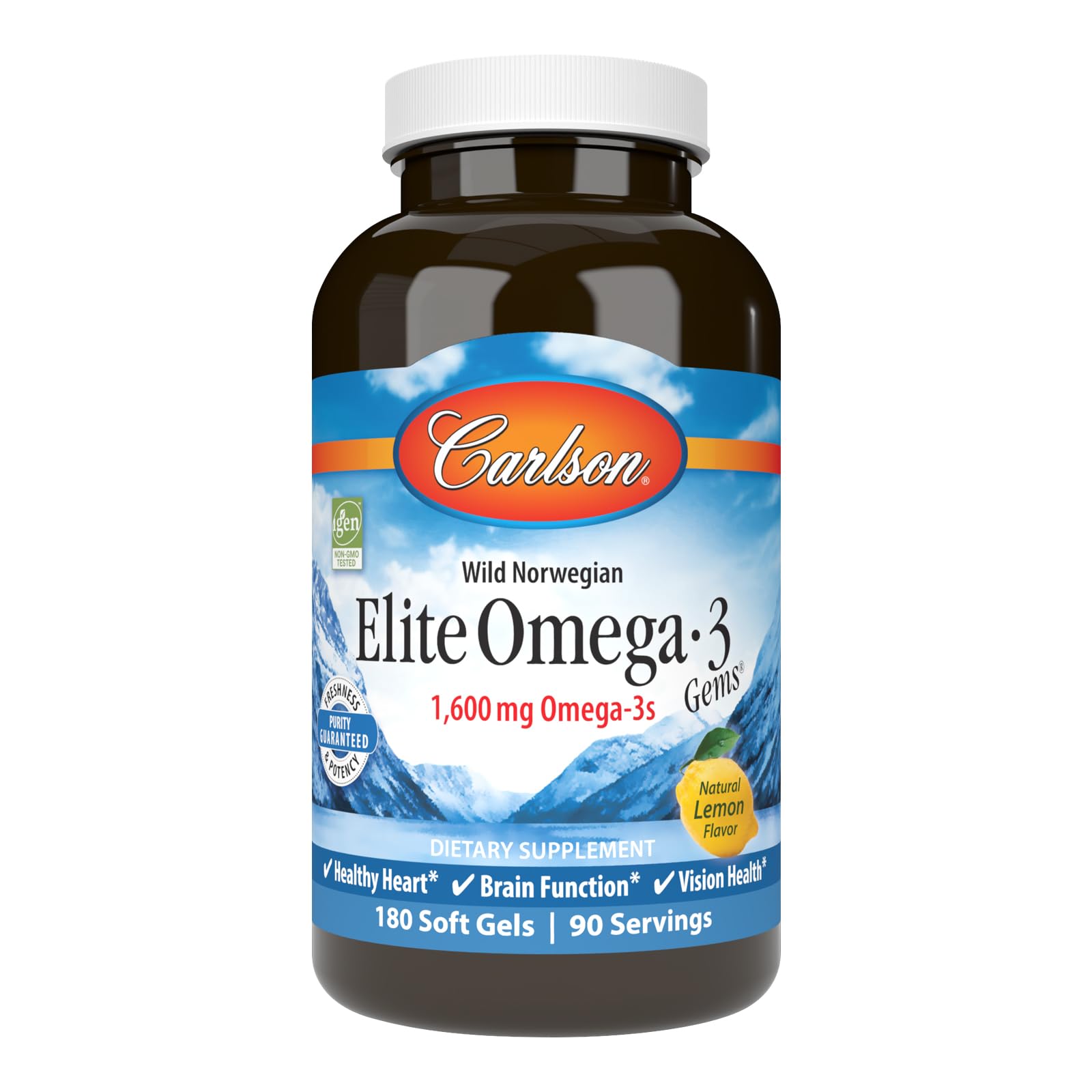 Carlson - Elite Omega-3 Gems, 1600 mg Omega-3 Including EPA and DHA, Norwegian, Wild-Caught Fish Oil Supplement, Sustainably Sourced, Lemon, 180 Softgels