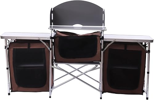 Miniatura 6 de Mesa de cocina plegable para acampar con almacenamiento y 2 mesas laterales, parabrisas desmontable, estación de cocina portátil para campamento al