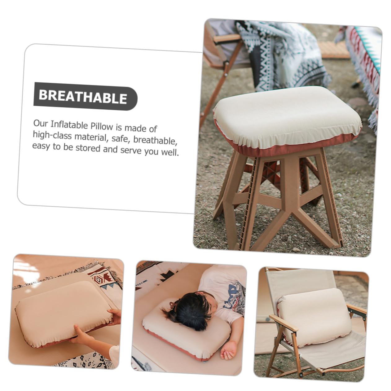Oreiller de Camping Gonflable Ergonomique, Éponge et Polyester Pongé, Hauteur Réglable, Facile à Gonfler, pour Maison et Vacances