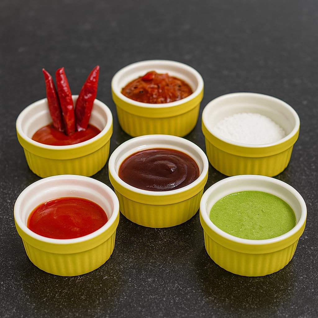 Bamby Ceramic Yellow And White Ramekin Bowl 200 ml Set of 6, Microwave & Dishwasher Safe, for Baking and Serving Cupcake, Souffle, Pudding and Dessert 1