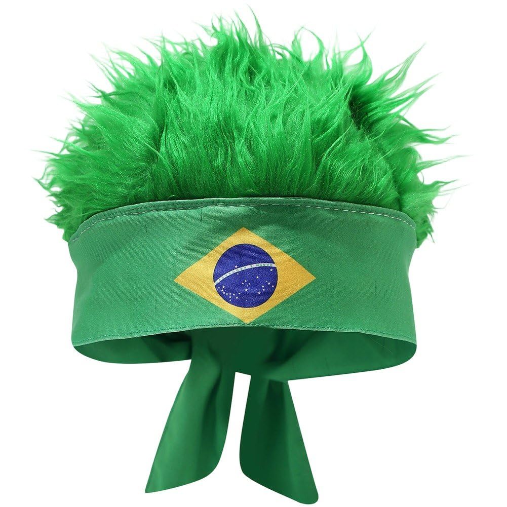 Ppmter Brazilian Flag Wig Headband Funny National Flag Hair Wig Hat Props Football Party Hat for Sports Event Carnival Festival Party Accessory