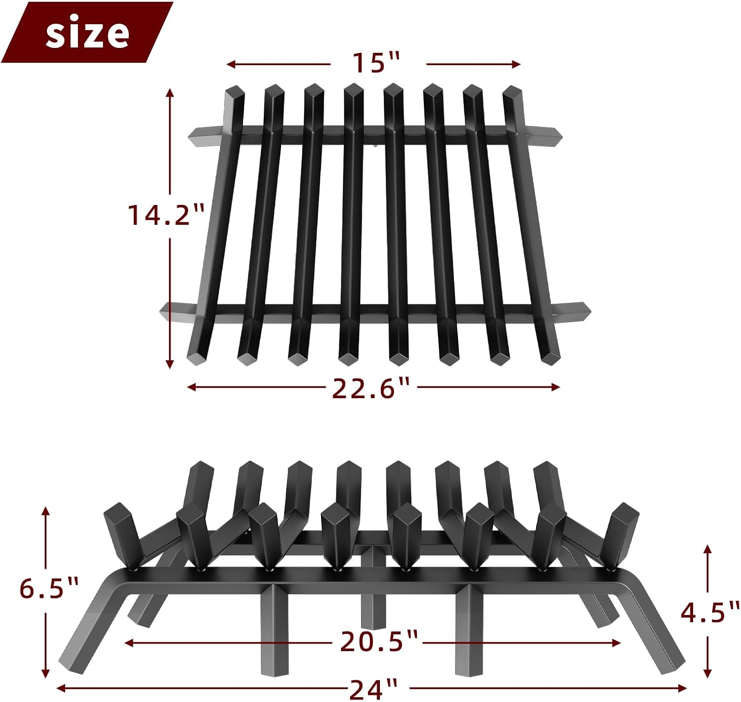 Fireplace Grate 24 Inch, Solid Steel Heavy Duty Fireplace Log Holder with 7 Support Legs, Firewood Burning Rack for Indoor Fireplace Outdoor In-ground Firepit