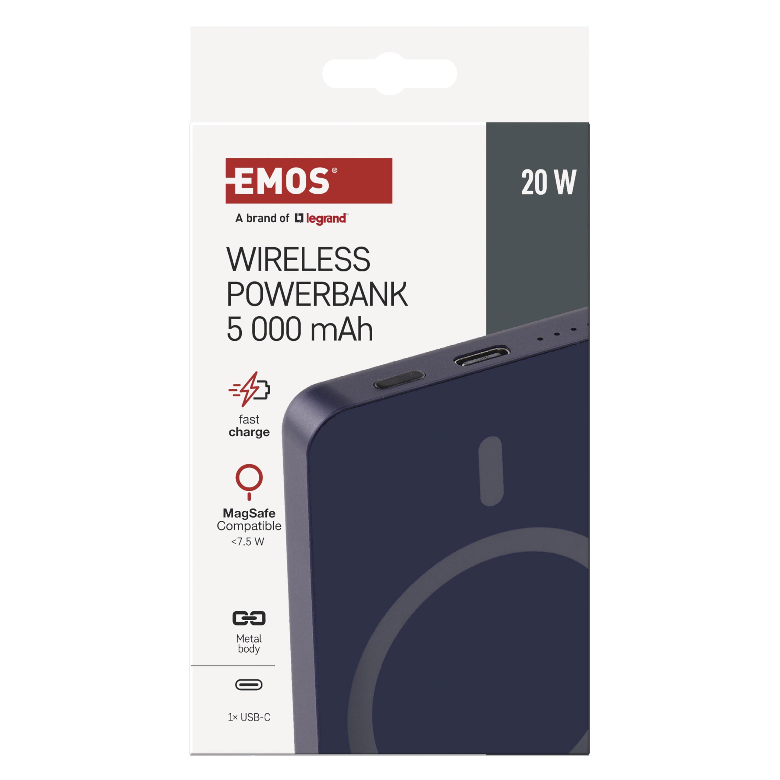 EMOS - Powerbank 5.000 mAh WI 522 con imán - Batería externa magnética con paso y carga inalámbrica - Salida USB-C incl. cable de datos USB - para iPhone, iPad, relojes inteligentes - azul