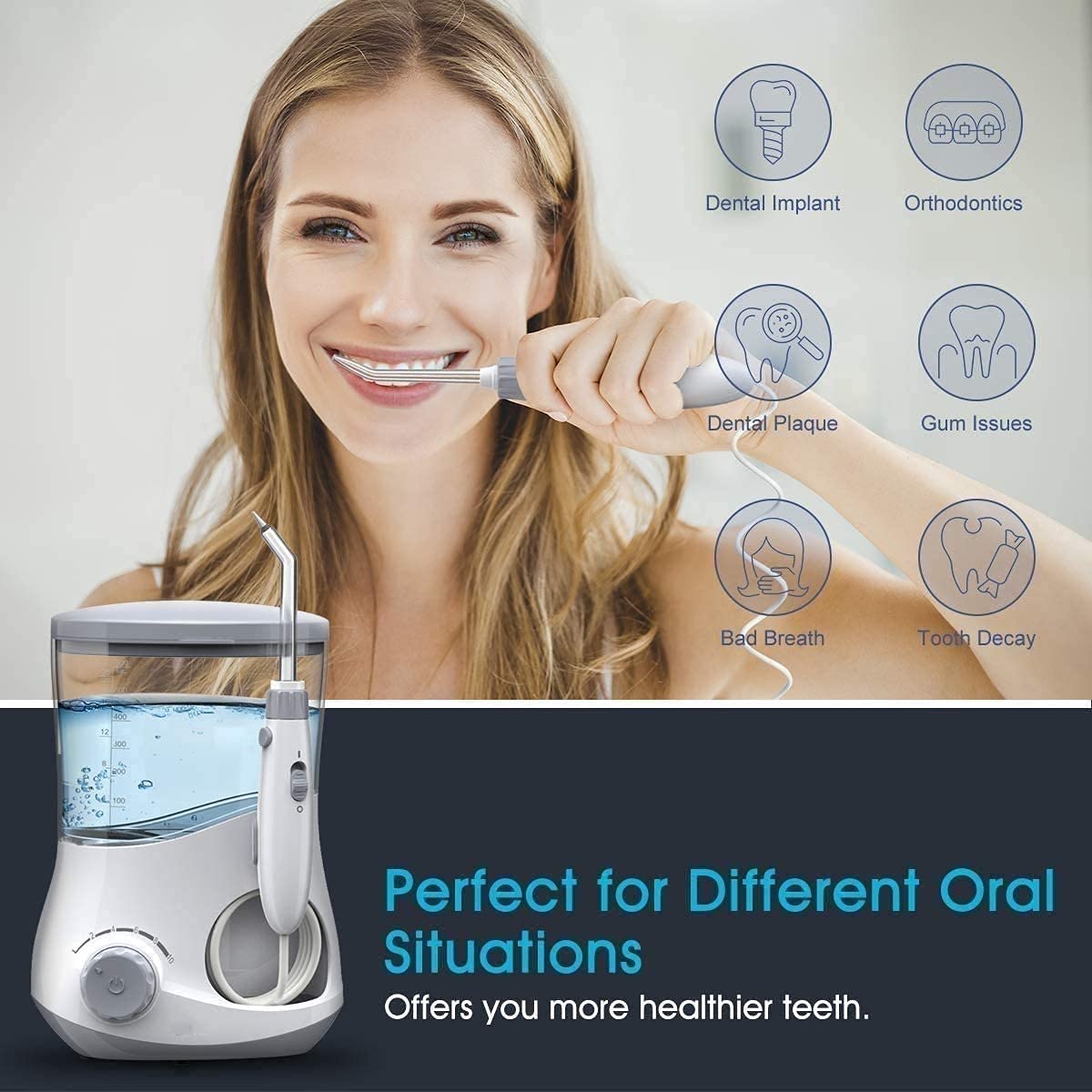 Riego Oral del encimera Dental eléctrico para los Dientes, el Tanque de Agua de 600 ml 10 Modos Ajustables 6 Puntas de Jet multifuncionales, para la Familia