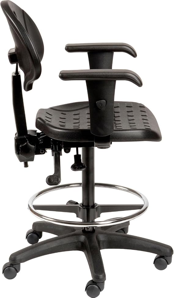 Global Industrial Interion Polyurethane Task Stool with Adjustable Arms, Mid Back Home Office Chair with Lumbar Support, Height Adjustable, Drafting Chair with Footrest, Black